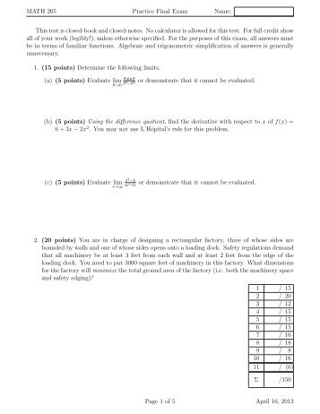 MATH 205 Practice Final Exam Name: This test is closed-book and ...