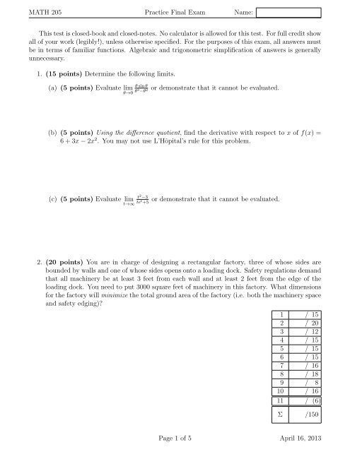 MATH 205 Practice Final Exam Name: This test is closed-book and ...