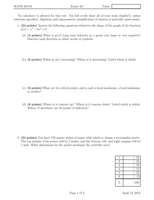 MATH 205-03 Exam #3 Name: No calculator is allowed for this test ...