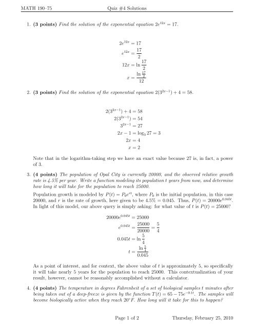 MATH 190â75 Quiz #4 Solutions 1. (3 points) Find the solution of the ...