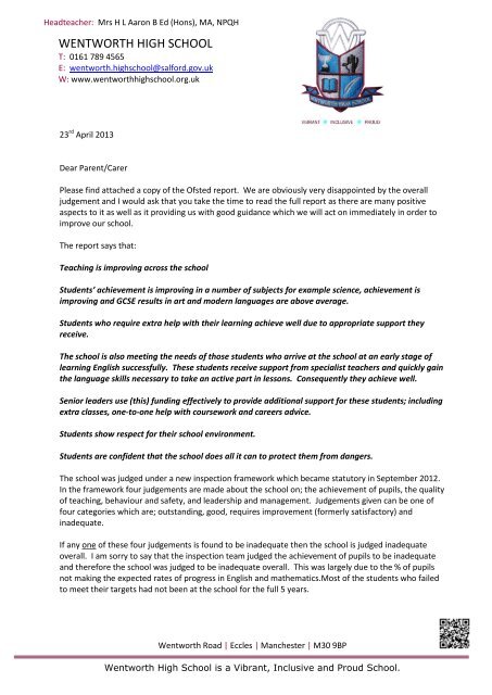 Ofsted 2013 letter - Wentworth High School