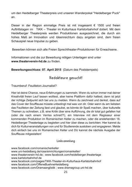 Souffleuse - Die Programmzeitschrift des Theaters im Romanischen Keller, Sommersemester 2015