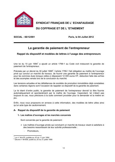 La garantie de paiement de l'entrepreneur - Echafaudage - Syndicat ...