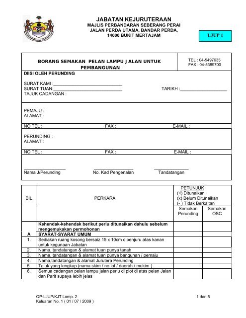 Borang Semakan Pelan Lampu Jalan Untuk Pembangunan Majlis