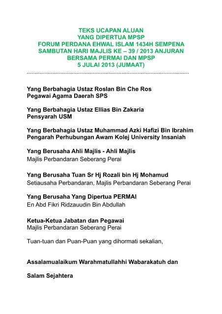 Forum Perdana Ehwal Islam 1434h Sempena Sambutan Hari Majlis Ke