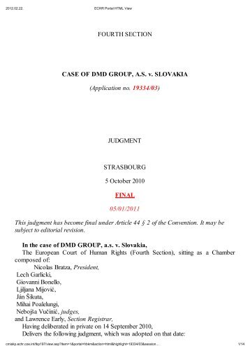 FOURTH SECTION CASE OF DMD GROUP, AS v. SLOVAKIA - TASZ
