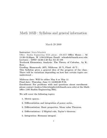 Math 105B : Syllabus and general information - Maria Schonbek