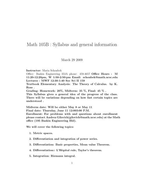 Math 105B : Syllabus and general information - Maria Schonbek