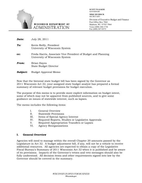 Budget Approval Memo from State Budget Director - Madison ...