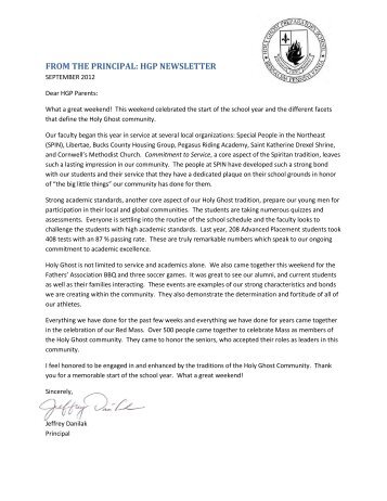 from the principal: hgp newsletter - Holy Ghost Preparatory School