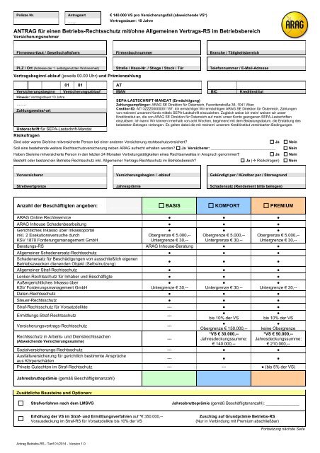 Antrag ARAG Betriebs-Rechtsschutz Tarif 01/2014