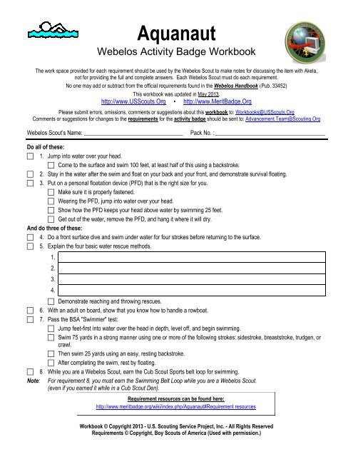 Aquanaut worksheet - Merit Badge Research Center