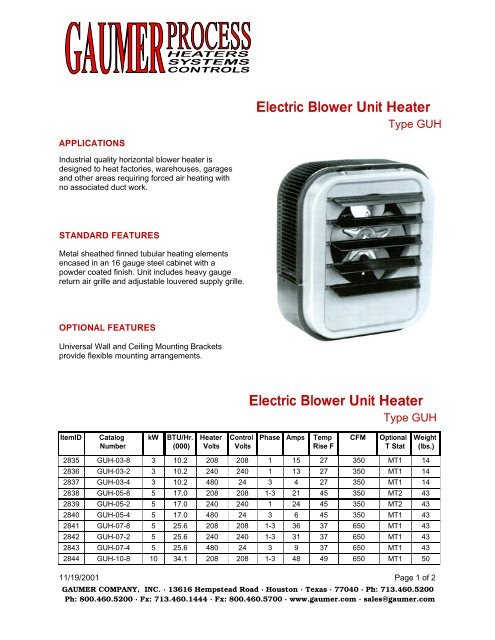 Gaumer Electric Blower Unit Heater Type Guh