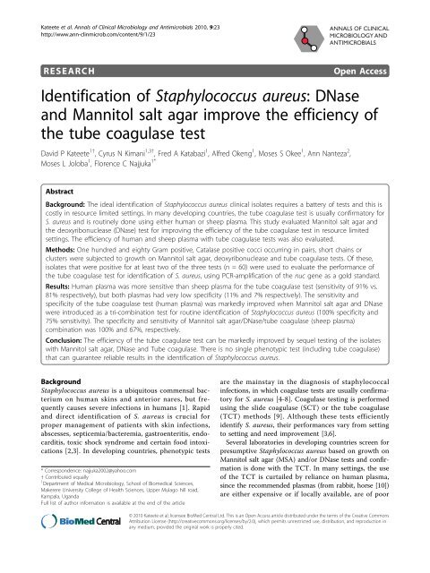 Identification of Staphylococcus aureus: DNase and Mannitol salt ...