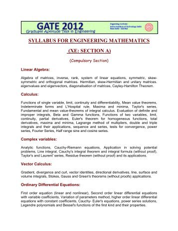 SYLLABUS FOR ENGINEERING MATHEMATICS (XE: SECTION A)