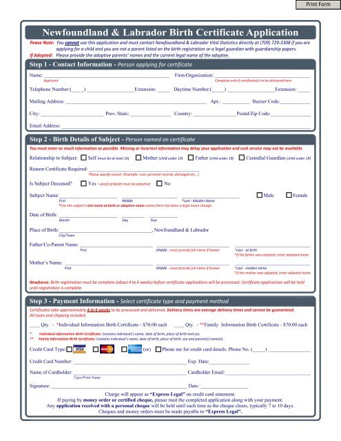 on-line birth certificate application newfoundland