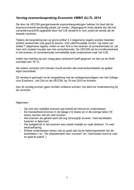 Verslag Bespreking Examen Economie VMBO - Vecon