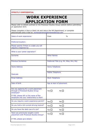 WORK EXPERIENCE APPLICATION FORM - Pinewood Studios