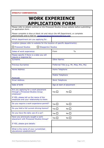 work experience application form - Pinewood Studios