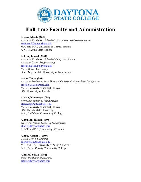 Full-time Faculty and Administration - Daytona State College