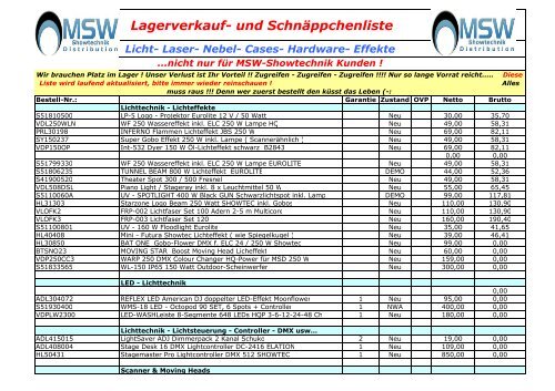 Lagerverkauf- und Schnäppchenliste Licht ... - MSW Showtechnik