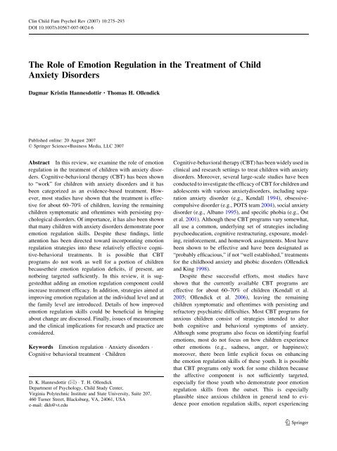The Role of Emotion Regulation in the Treatment of Child Anxiety ...