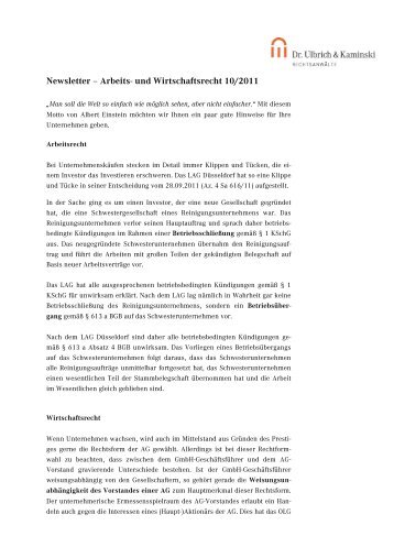 Newsletter â Arbeits- und Wirtschaftsrecht 10/2011 - Dr. Ulbrich ...