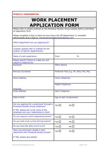 WORK PLACEMENT APPLICATION FORM - Pinewood Studios