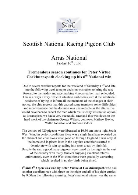 Scottish National Racing Pigeon Club Arras National