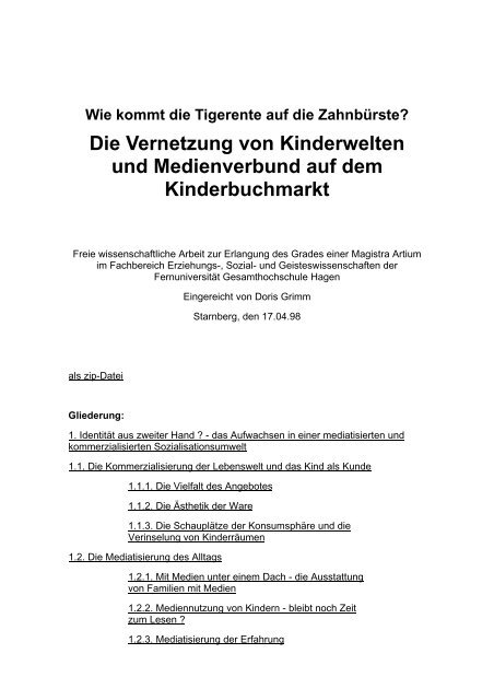 Die Vernetzung von Kinderwelten und Medienverbund auf dem ...