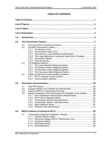 TABLE OF CONTENTS - BC Hydro - Transmission
