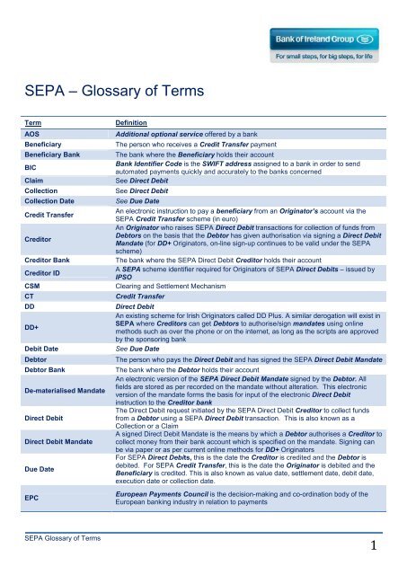 SEPA â€“ Glossary of Terms - Business Banking