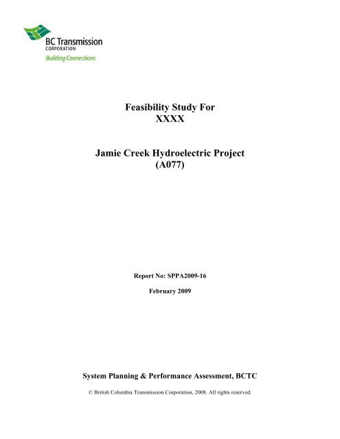 Feasibility Study For XXXX Jamie Creek Hydroelectric Project (A077)