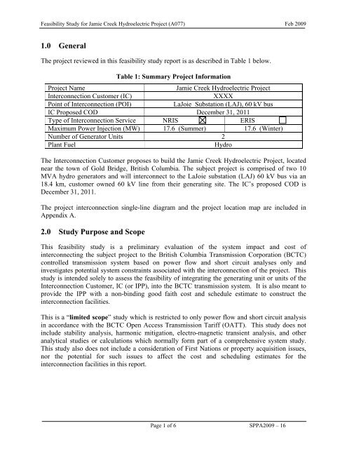 Feasibility Study For XXXX Jamie Creek Hydroelectric Project (A077)