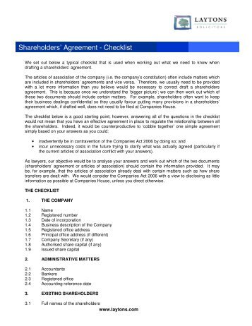 Shareholders' Agreement - Checklist - Shareholder's Rights