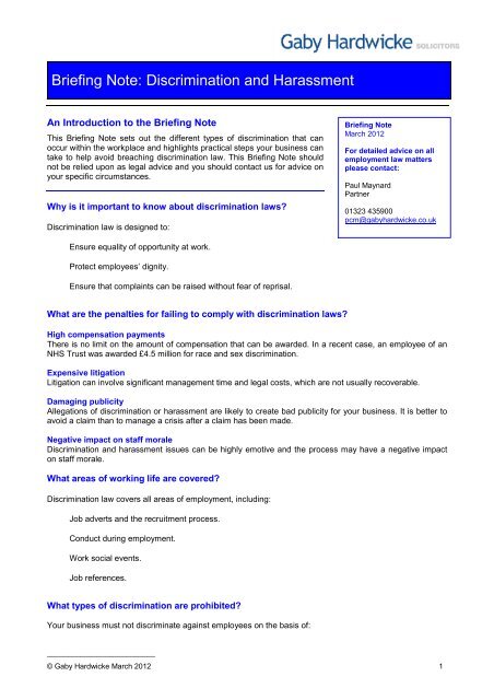 Briefing Note: Discrimination and Harassment - Gaby Hardwicke