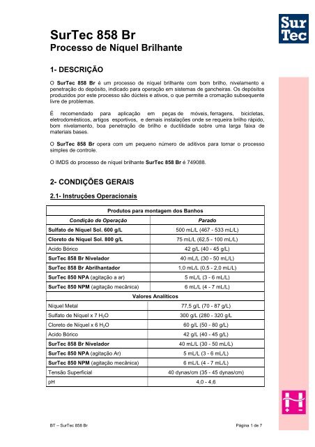 SurTec 858 Br Processo de NÃ­quel Brilhante - Surtec do Brasil