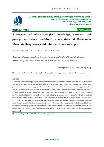 Assessment of ethno-ecological knowledge, practices and perceptions among traditional communities of Karakorum Mountain Ranges: a special reference to Berberisspp.