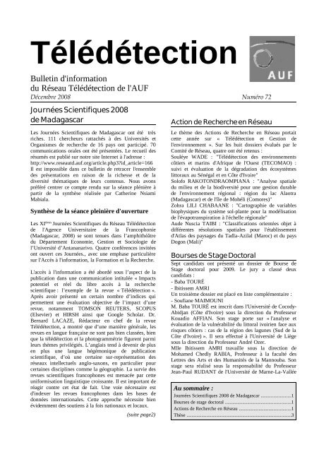 Bulletin 72 - RÃ©seaux de chercheurs | TÃ©lÃ©dÃ©tection - AUF