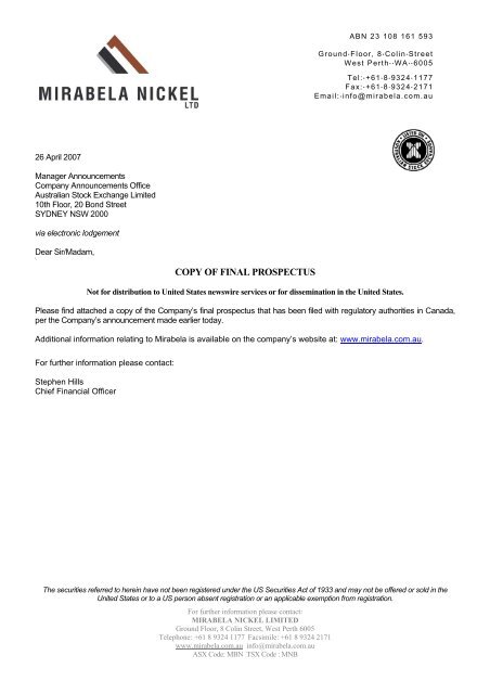 COPY OF FINAL PROSPECTUS - Mirabela Nickel