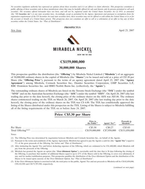 COPY OF FINAL PROSPECTUS - Mirabela Nickel