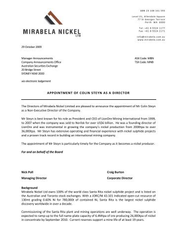 Appointment of Colin Steyn as a Director - Mirabela Nickel