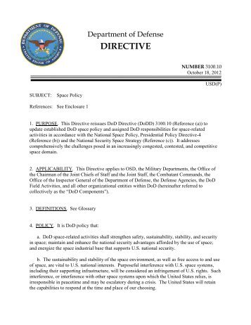 DoD Directive 3100.10, October 18, 2012