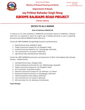 Khodpe Bajhang Road Project - About Department of Road