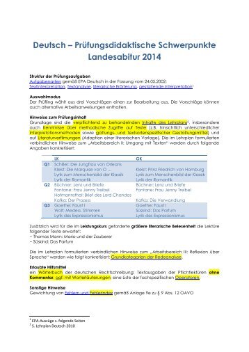 Deutsch – Prüfungsdidaktische Schwerpunkte Landesabitur 2014