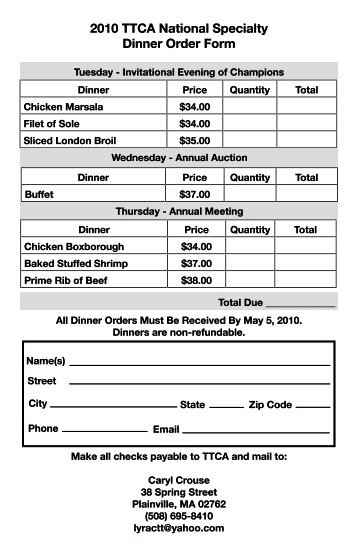 2010 TTCA National Specialty Dinner Order Form - Tibetan Terrier ...