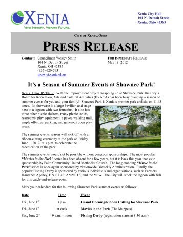 Summer Events at Shawnee Park - City of Xenia