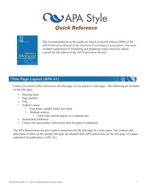 APA 6th Edition Quick Reference Guide - Cardinal Stritch University