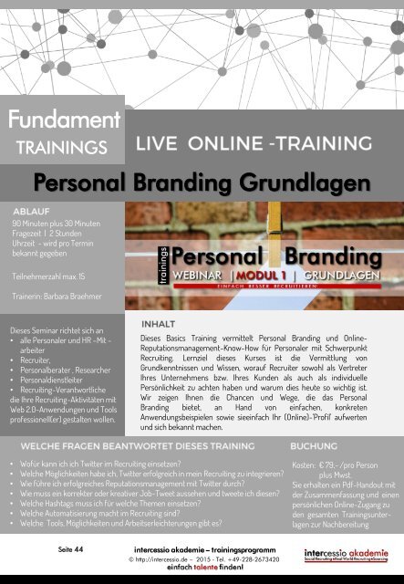 Intercessio TRAININGSPROGRAMM Social Recruiting & Sourcing - 1. Halbjahr - offene Trainings