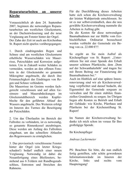 Pfarrbrief Nr. 2/2007 Kath. Pfarrgemeinde St. Rupert Kiliansplatz 1 ...